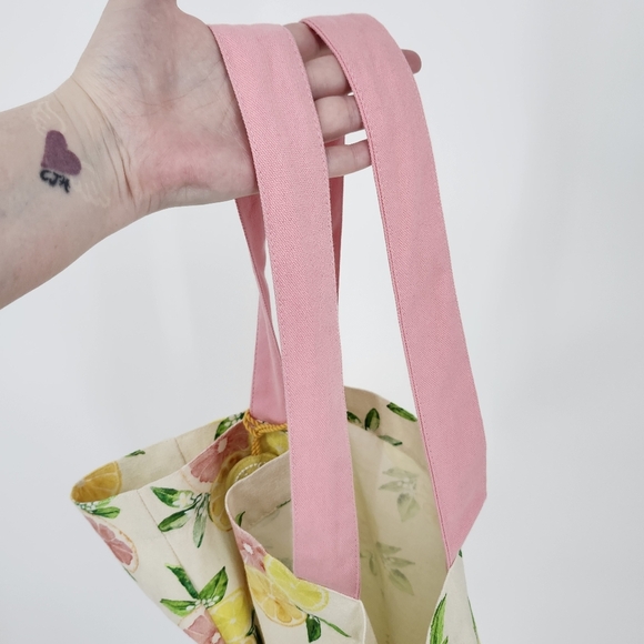 Cotton Canvas Citrus Tote Bag Pink Yellow Lemon Tassel Preppy Spring Summer - Picture 7 of 8